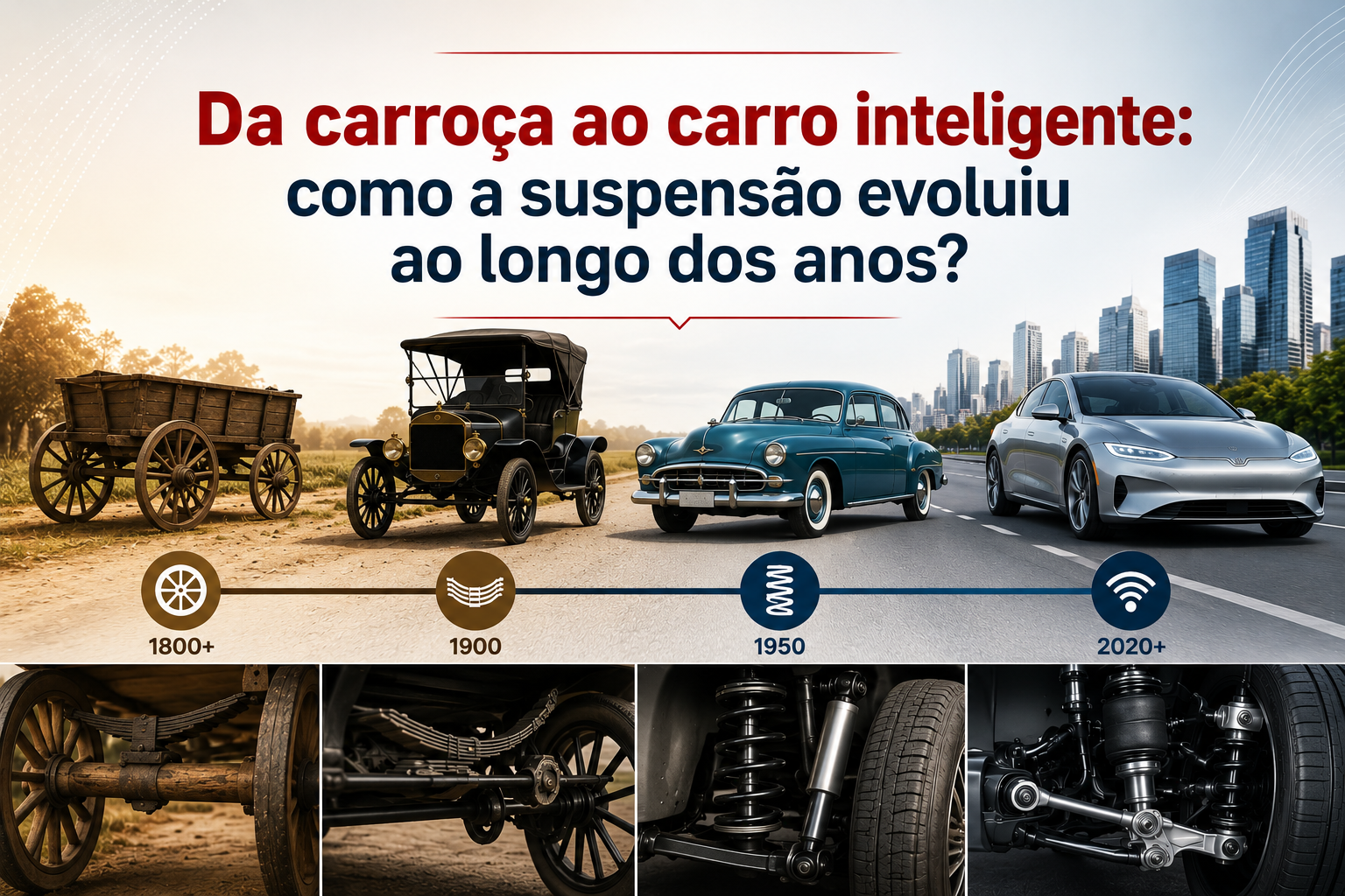 evolução da suspensão, história da suspensão automotiva, suspensão automotiva, amortecedores, molas automotivas, suspensão independente, tecnologia automotiva, estabilidade veicular, segurança automotiva, componentes da suspensão, pivô, bandeja, bieleta, suspensão moderna, DLZ suspensão.